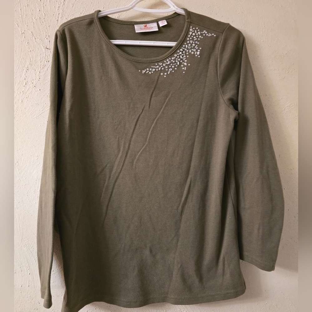 Quacker Factory Olive Long Sleeve Tee with Silver Details